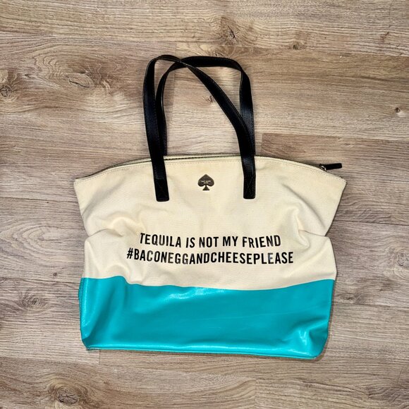 Kate Spade Tequila is Not My Friend Bacon Egg and Cheese Please Purse Tote Teal - Picture 15 of 16